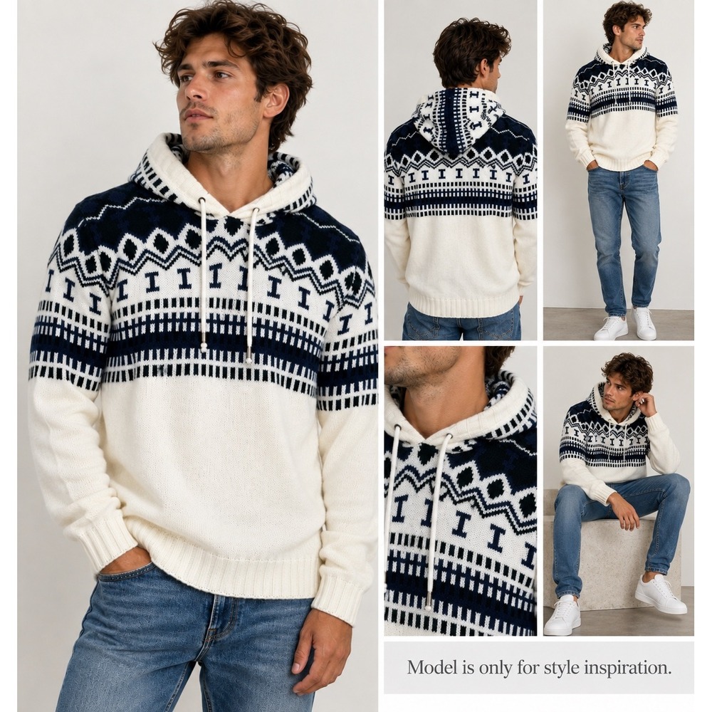 Knit Hoodie Mens L White Navy Fair Isle Geometric Pullover Sweater Nordic Winter
